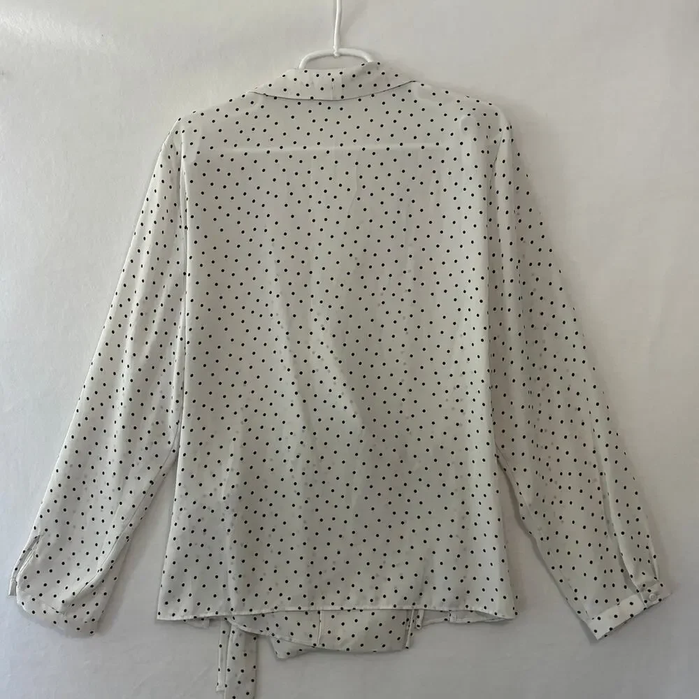 Adrianna Papell Wrap Blouse Womens XL White Black Polka Dots V-Neck Long Sleeve - Picture 6 of 7